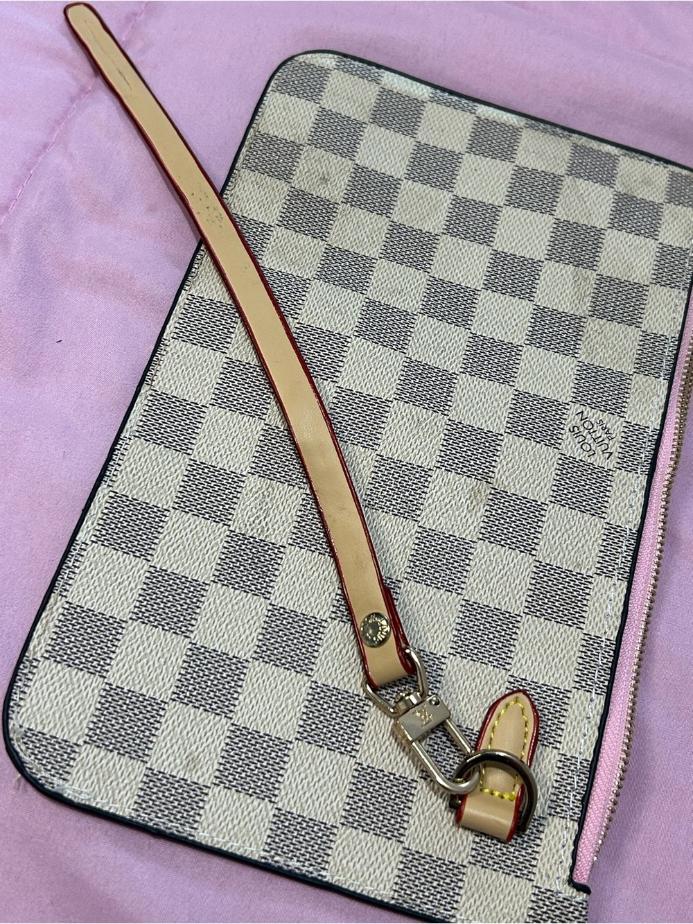 Designer-Inspired Neutral Check Wristlet with Tan Strap
